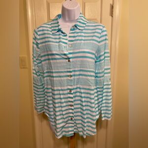 Chicos - Woman’s light blue & white striped roll-up long sleeve tunic, Size: 4